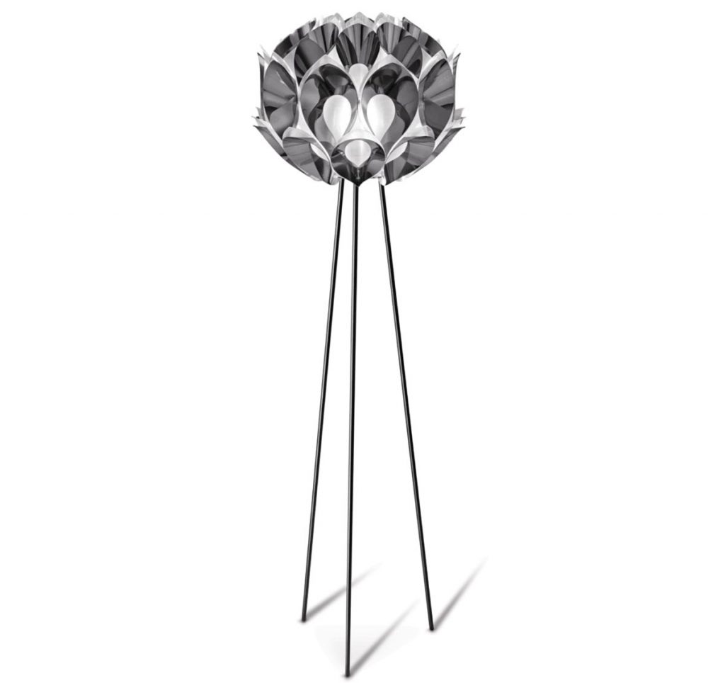 The Flora floor lamp by Zanini de Zanine for Slamp was inspired by the Monstera Deliciosa plant and features 60 petals around a satin sphere that’s illuminated from its core