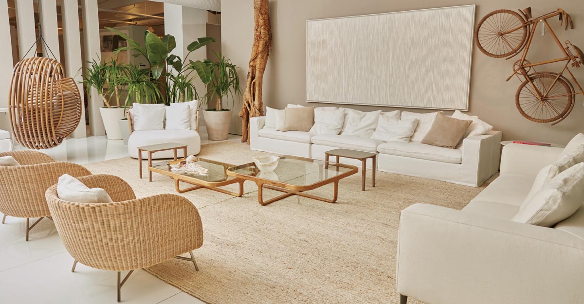 A living room setting at Artefacto showcasing Meskita’s Branco, acrylic on canvas and cords, 2021. Photo courtesy Alessandra Meskita