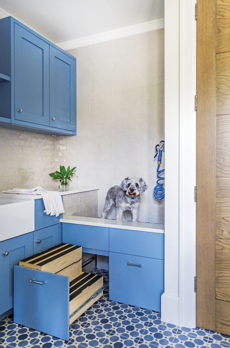An underutilized corner is transformed into a dog washing station complete with custom cabinetry, tile walls, and pullout stairs.
