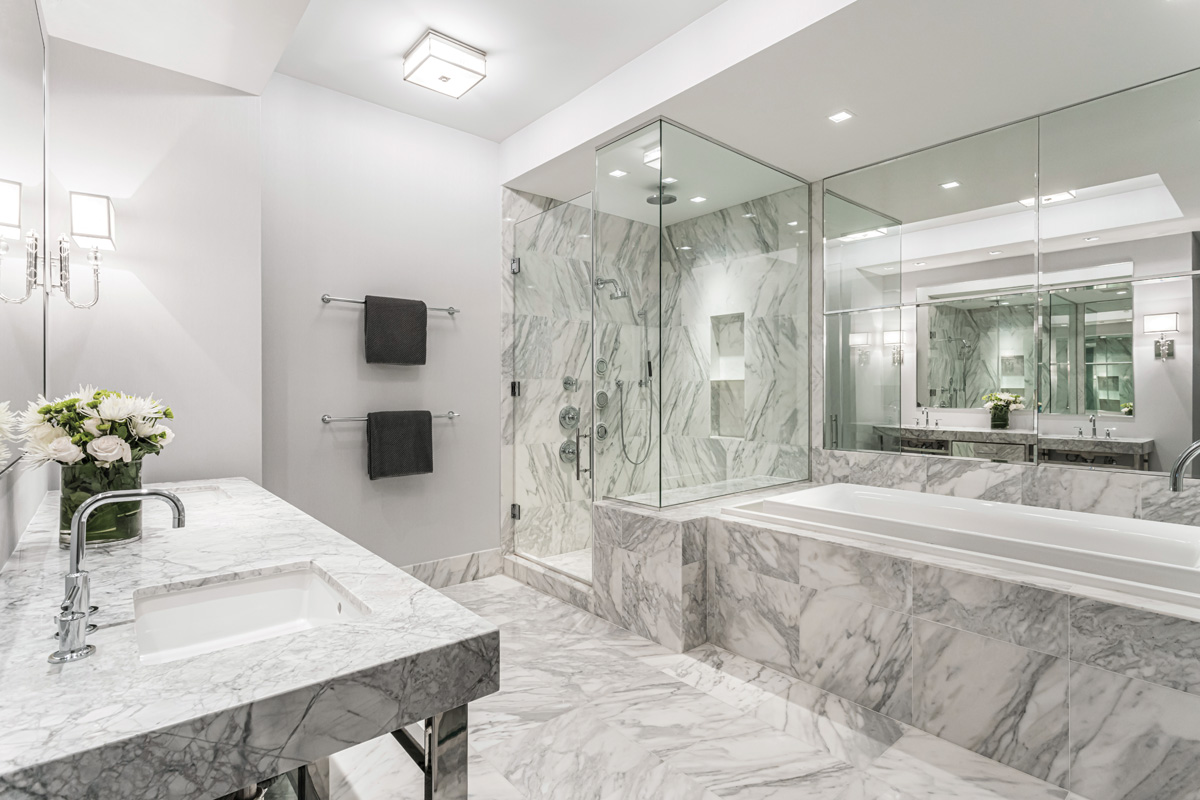 The primary bathroom was entirely clad in Calacatta Borghini marble.