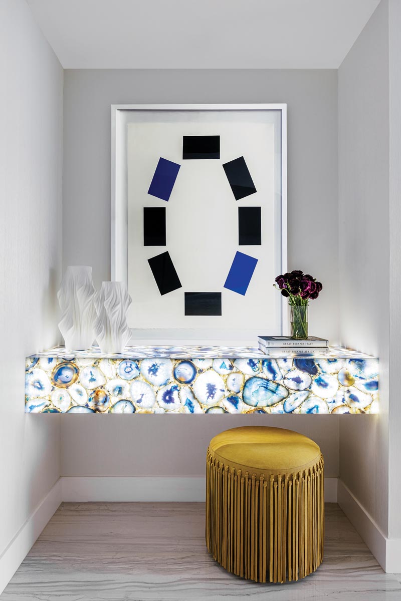 In the entry foyer to the principal bedroom, an agate block was lit from within to create an artistic element.