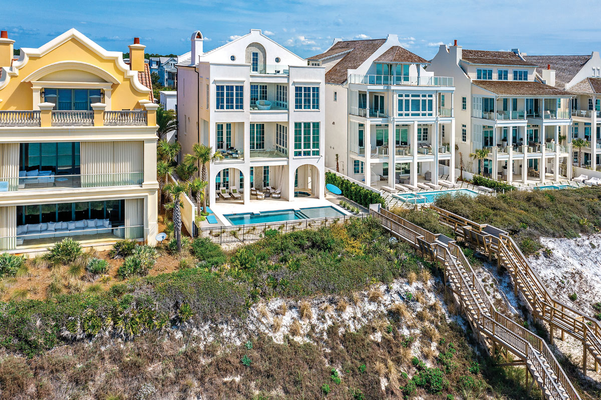 A look at the home’s four levels (and one of its two pools) from the beach.