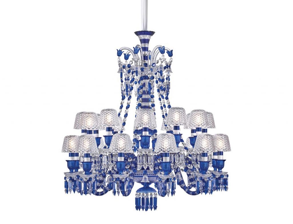 The Zenith Faunacrystopolis is the first Baccarat chandelier with stripes from tip to toe. The mix of blue and clear crystal adds to its charm